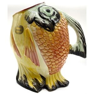 Vintage Ceramics of Bassano Italy Handmade Pottery Pitcher Tropical Fish 9"